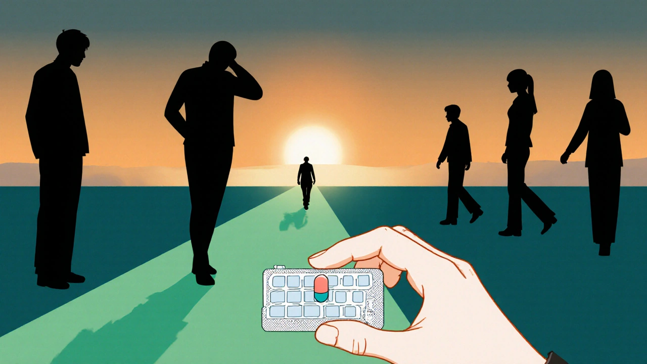 Mano colocando píldora en organizador mientras efectos secundarios se alejan.