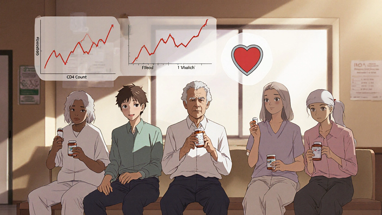 Pacientes en una clínica con símbolos de salud flotando sobre ellos.