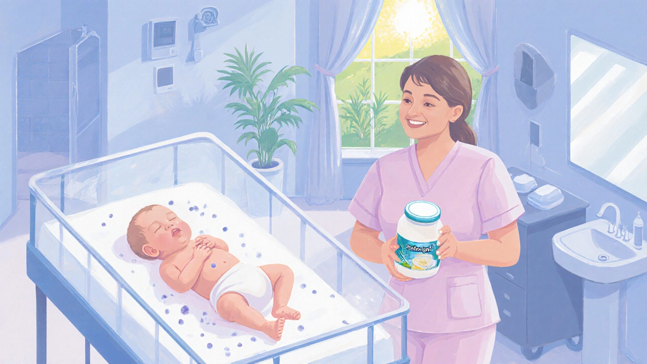 Bebé en incubadora recibiendo cuidados, madre con probióticos, ambiente limpio.