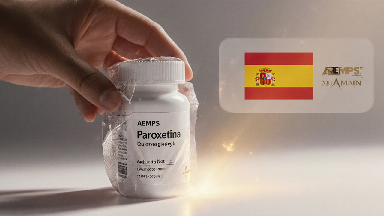 Caja de farmacia abierta mostrando botella de Paxil genérico con etiqueta.