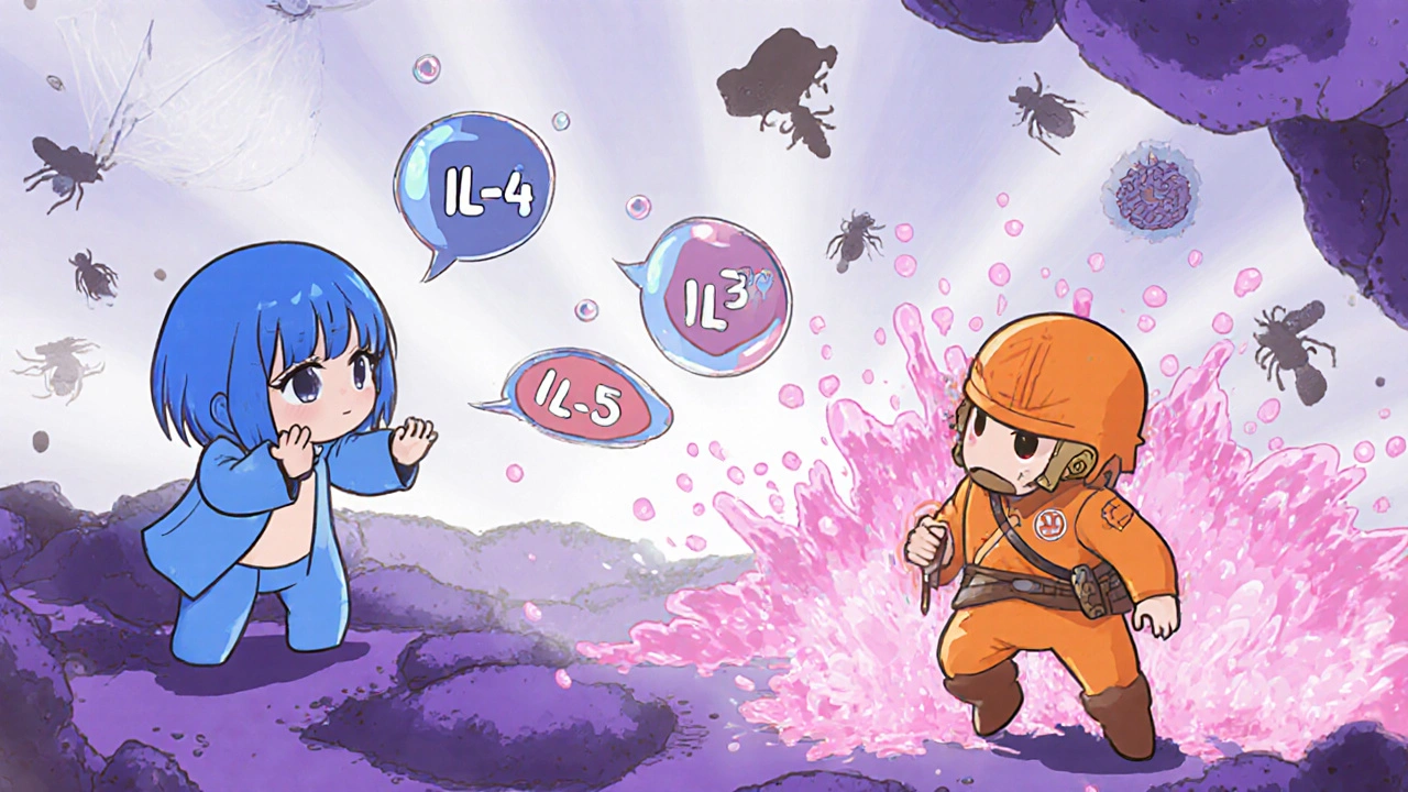 Células inmunes estilo anime liberan interleucinas y desencadenan histamina contra alérgenos.