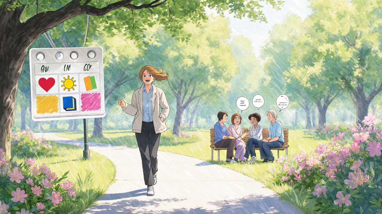 Cuidador caminando en un parque con grupo de apoyo en un banco y calendario visual colgando.
