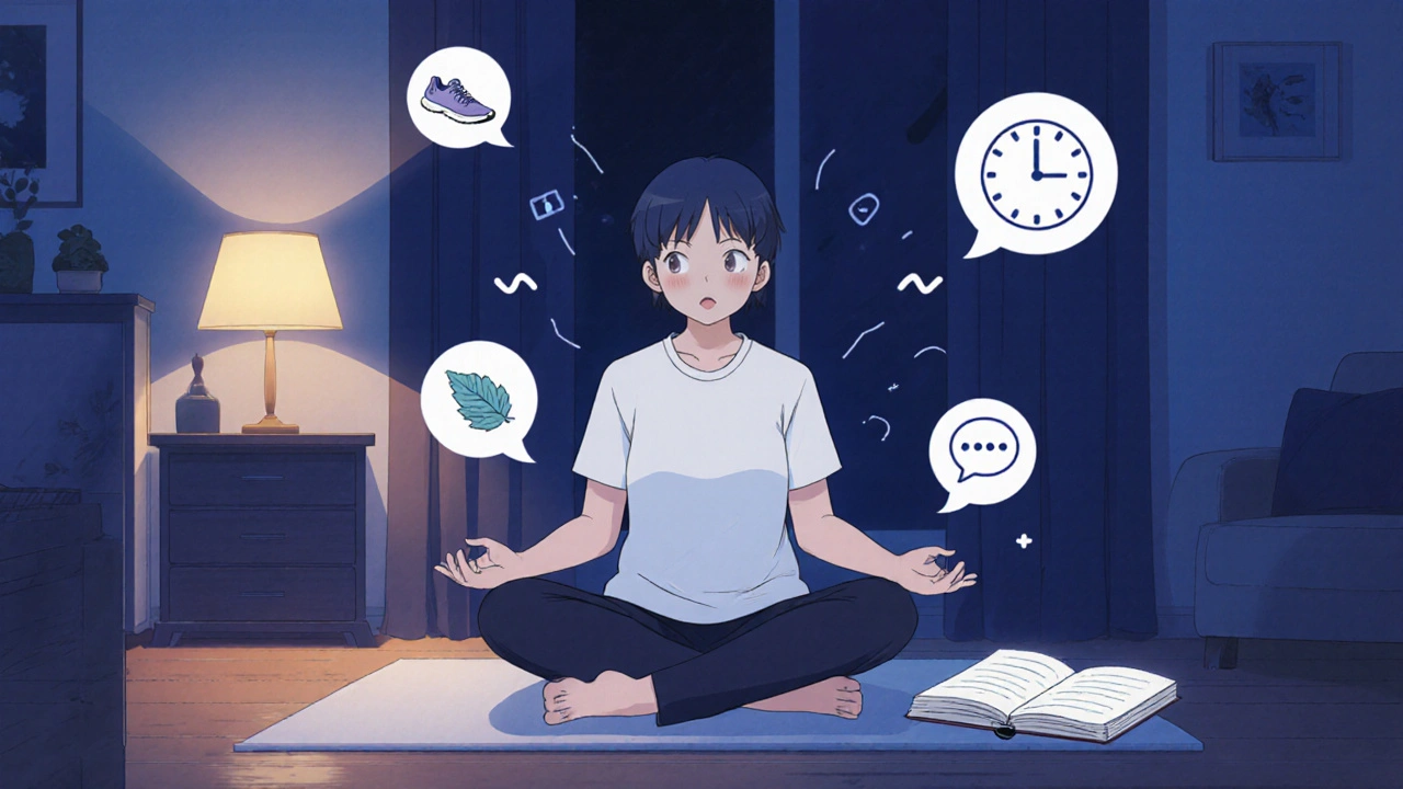 Cuidador meditando en casa rodeado de íconos de ejercicio, mindfulness y servicio de relevo.
