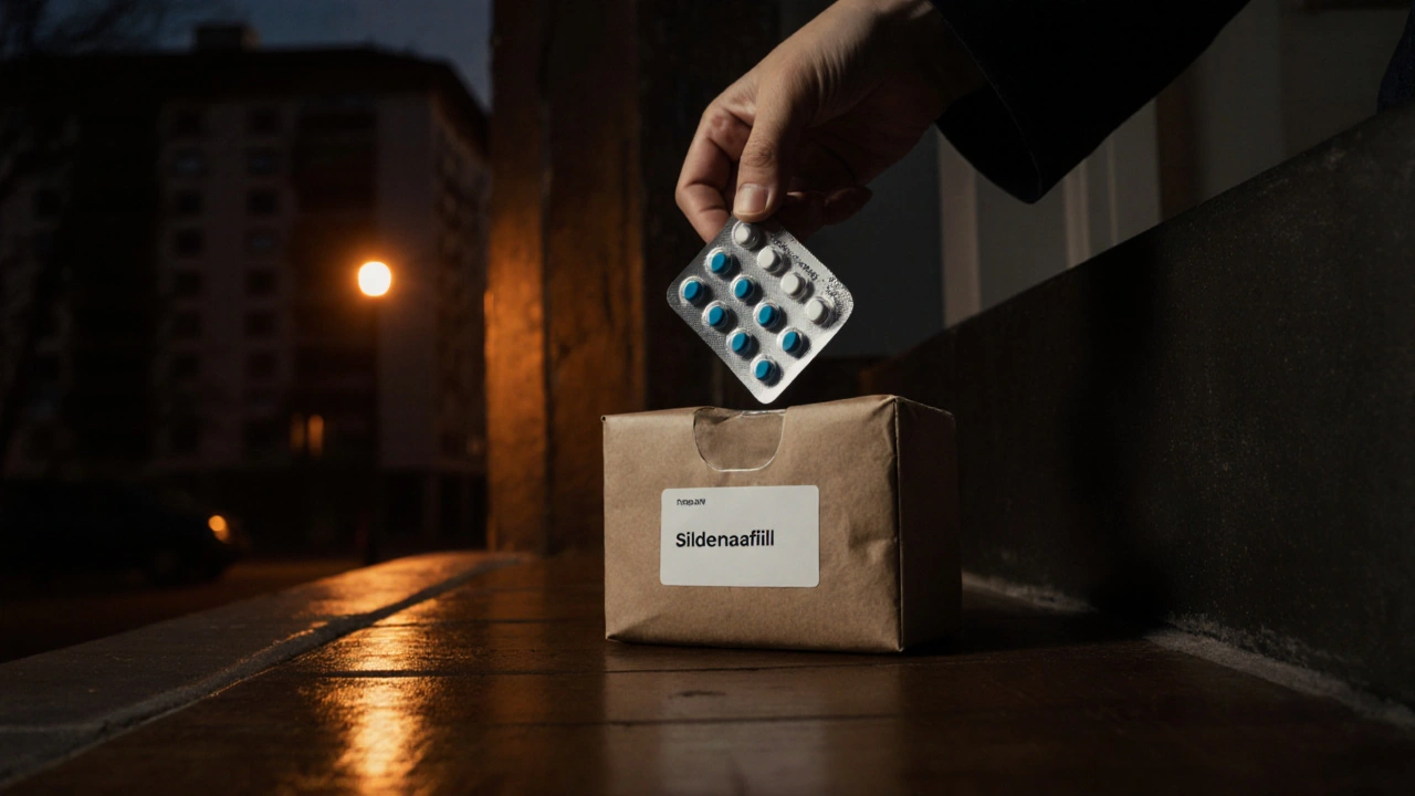 Entrega discreta de paquete con pastillas de sildenafil en casa.