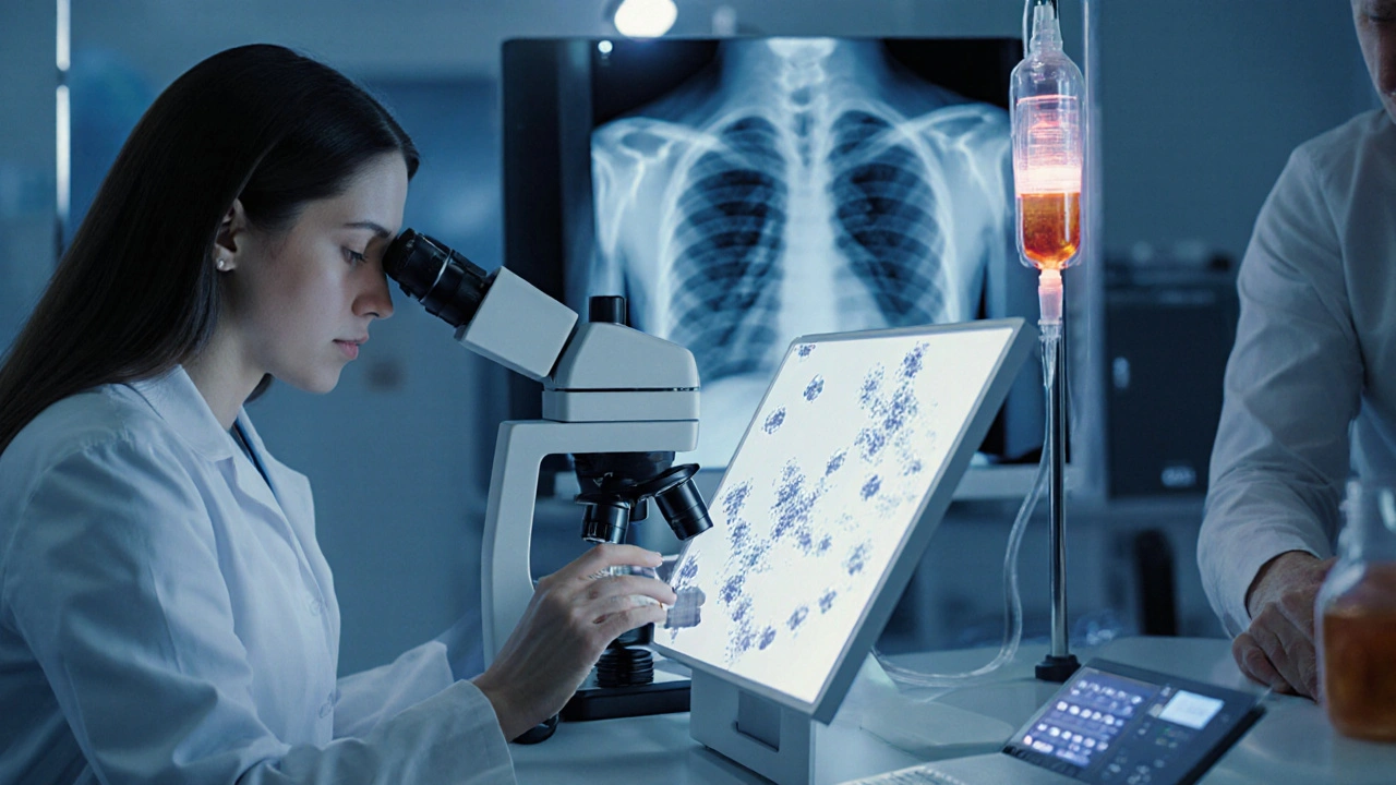Equipo médico observa microscopio y máquinas para diagnosticar infección fúngica.