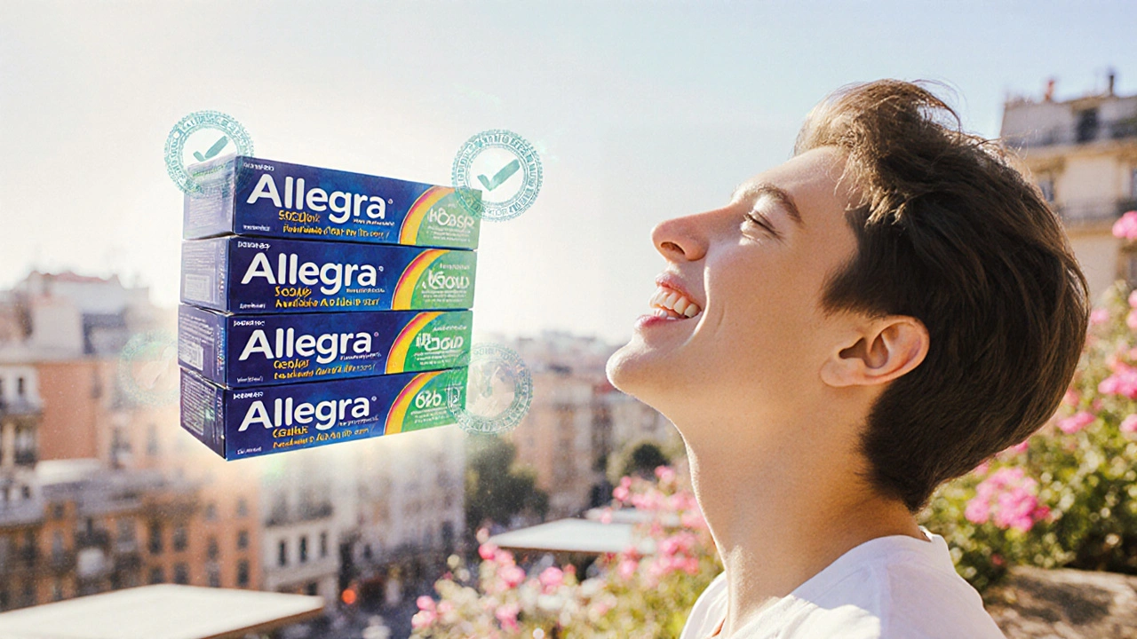 Escena al aire libre de una persona feliz con cajas flotantes de Allegra genérico y sello AEMPS.