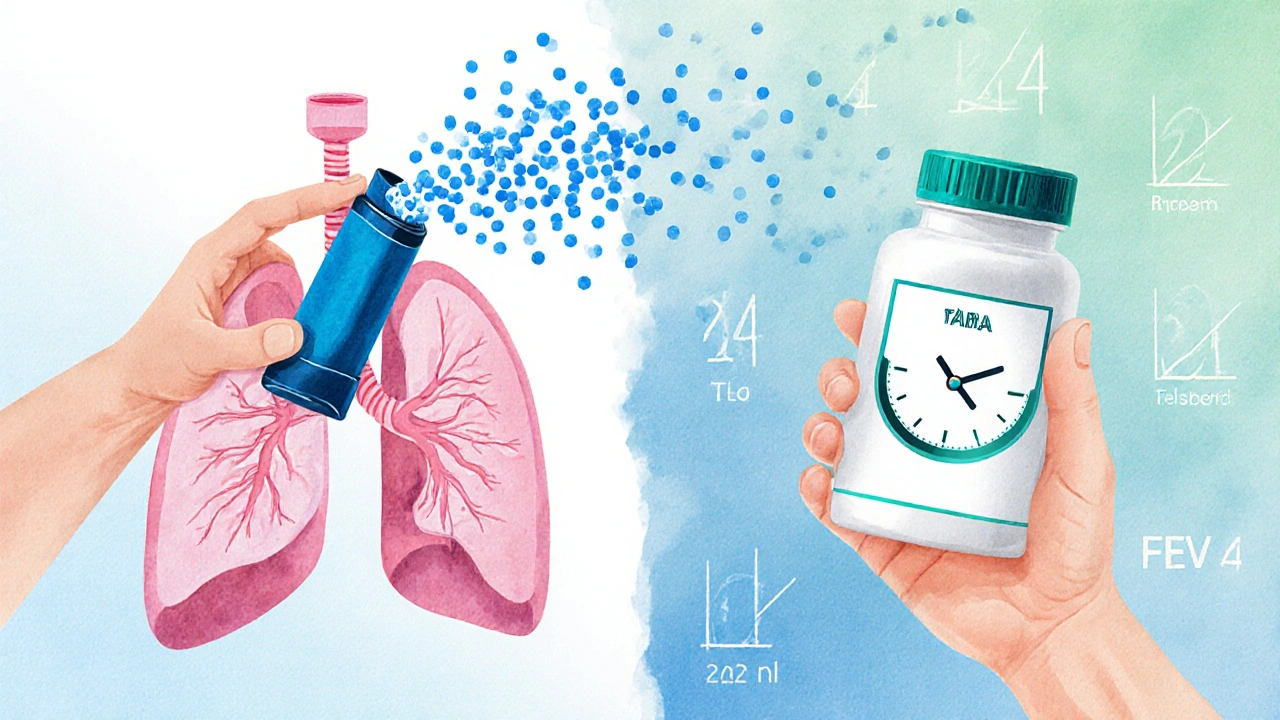 Escena dividida: inhalador Salbutamol con niebla y botella de Theo‑24 Cr con reloj de 24 h.