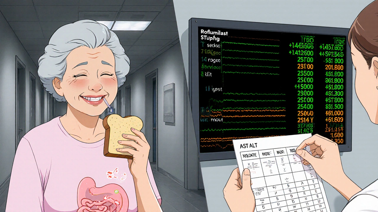 Escena dividida muestra a anciana con roflumilast y monitor de pruebas hepáticas.