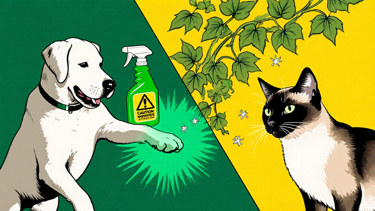 Escena dividida muestra a un perro cerca de un spray y un gato junto a hiedra con partículas irritantes.