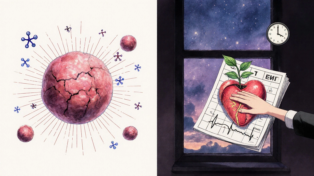 Escena dividida: tumor que se reduce y corazón con grietas, mientras una planta crece de un informe médico.