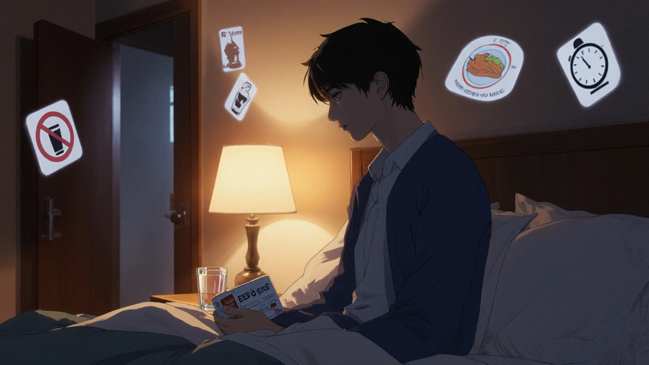 Hombre tomando el Mega ED Pack al lado de un vaso de agua, con íconos flotantes que recuerdan consejos de uso seguro.