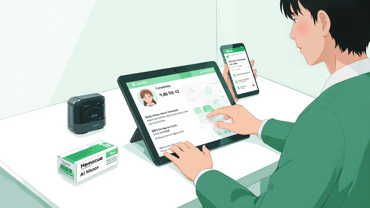 Médico usa Hemocue y alerta IA mientras paciente recibe recordatorio de CBC.