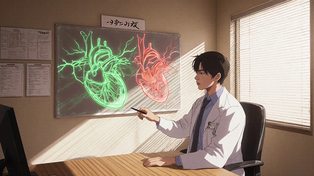 Médico y paciente discutiendo un diagrama de arterias coronarias con zonas de espasmo en rojo.