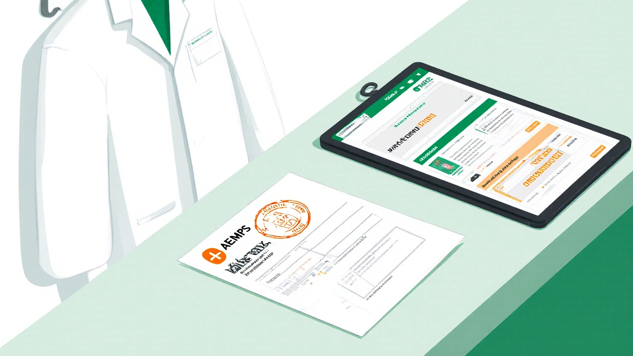 Mostrando licencia AEMPS y receta junto a tablet de farmacia online.