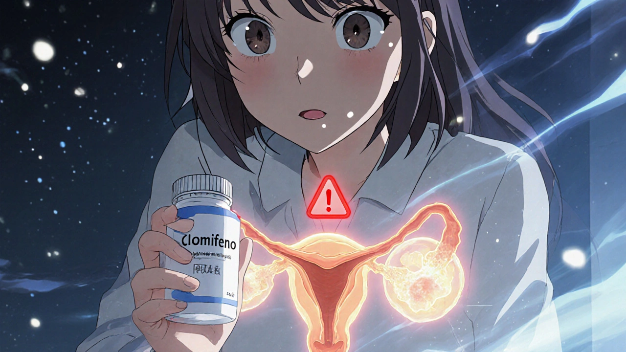 Mujer con visión distorsionada, folículos ováricos inflados y símbolo de advertencia en el abdomen.