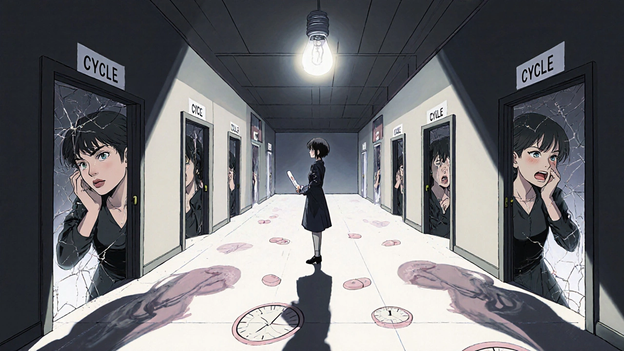 Mujer en un pasillo con puertas de ciclos, reflejos distorsionados de sí misma en cada una.