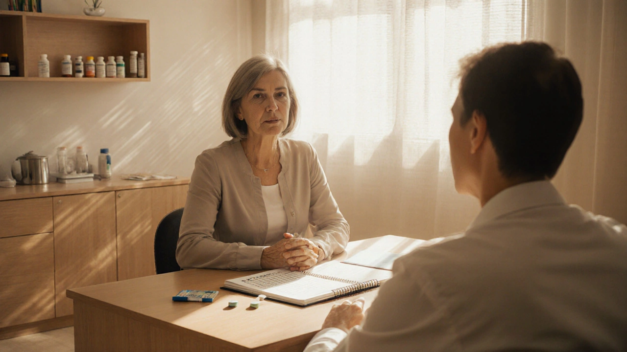Mujer y oncólogo conversando en consulta, con pastilla de Altraz sobre la mesa.