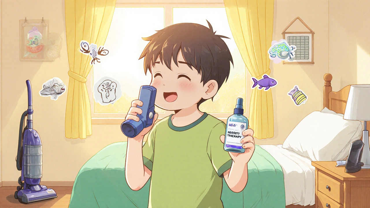 Niño usa inhalador, spray nasal e inmunoterapia en habitación luminosa con medidas anti‑alérgenos.