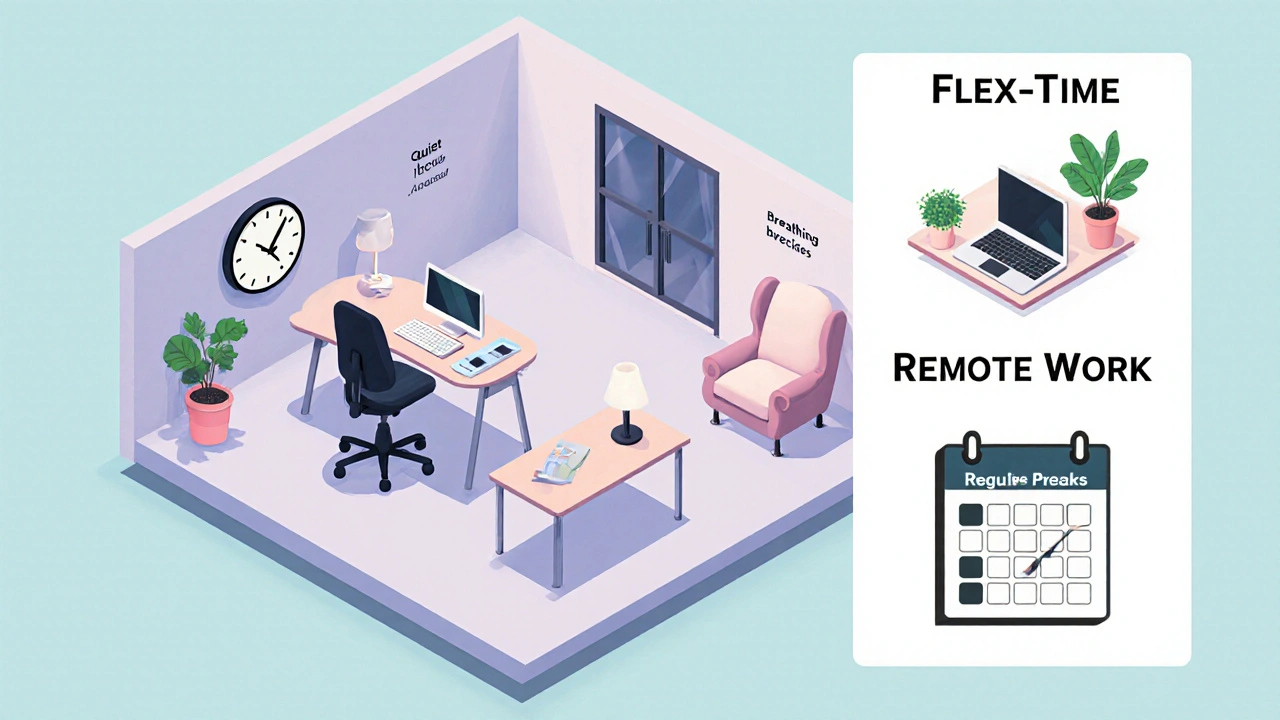 Oficina con áreas flexibles, sala tranquila y opción de teletrabajo.