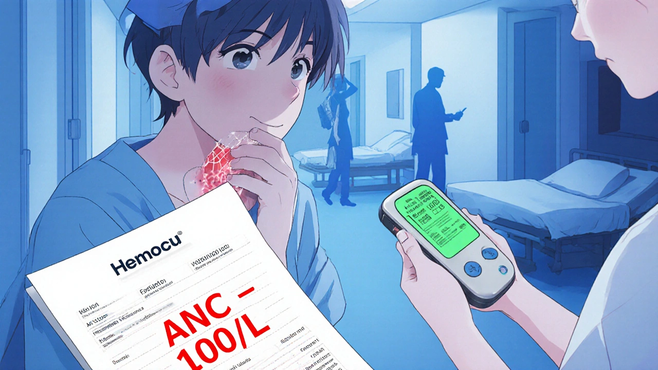 Paciente con fiebre y dolor de garganta; enfermero toma sangre para hemograma.