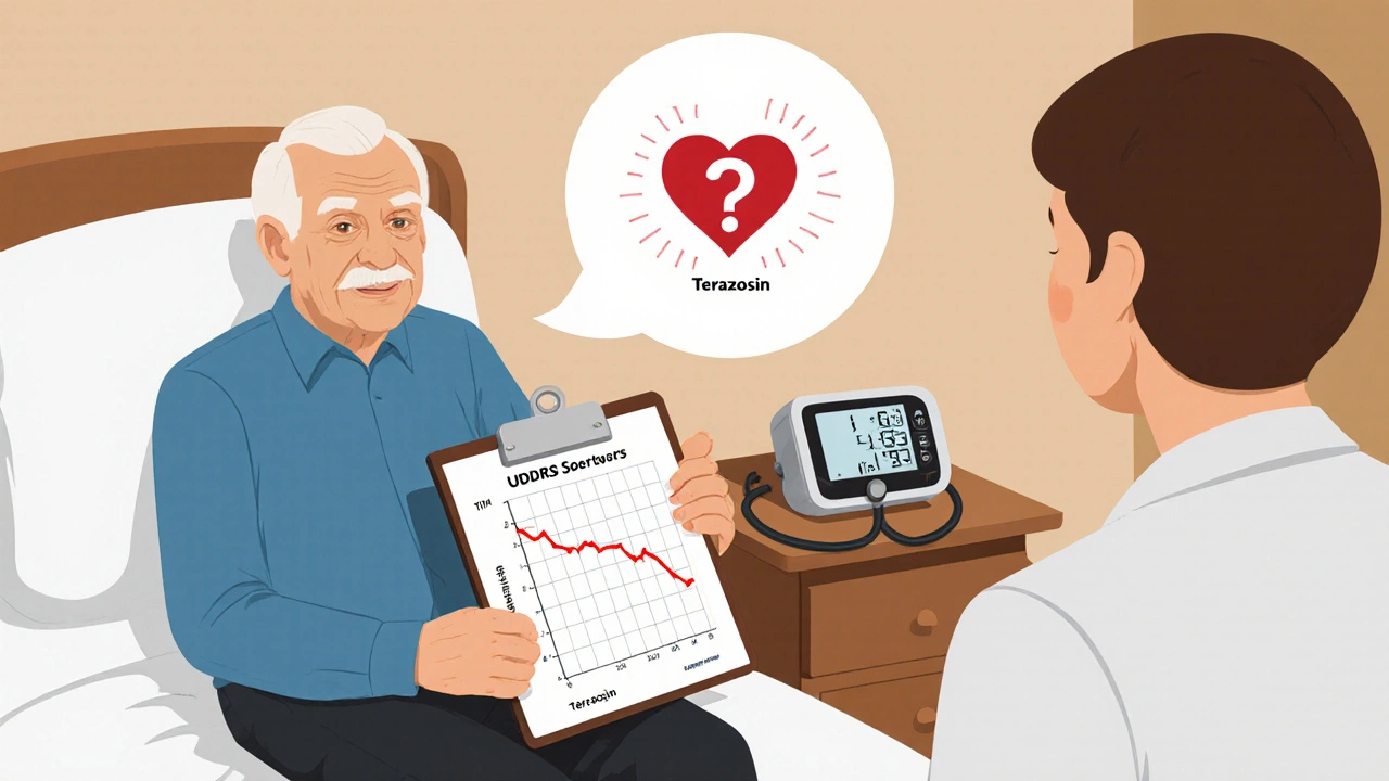 Paciente con Parkinson y médico conversando sobre Terazosina, con monitor de presión.