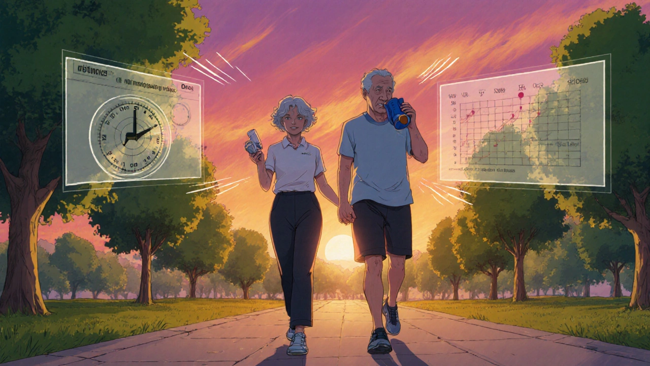 Pareja de ancianos camina en parque al atardecer, usando roflumilast y inhalador.