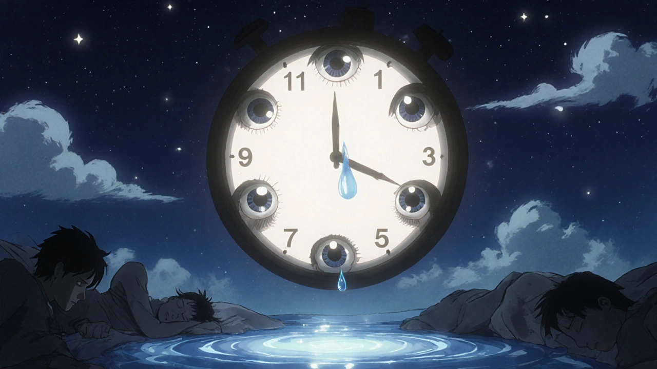 Reloj simbólico con ojos como números, donde la 9 PM brilla más fuerte, rodeado de personas durmiendo.