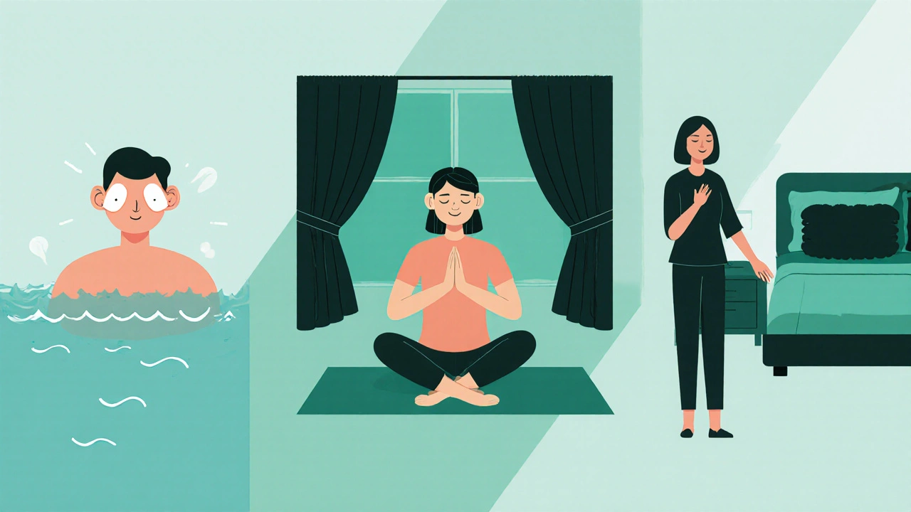 Rutina de autocuidado: tapones, meditación y ambiente de sueño tranquilo.