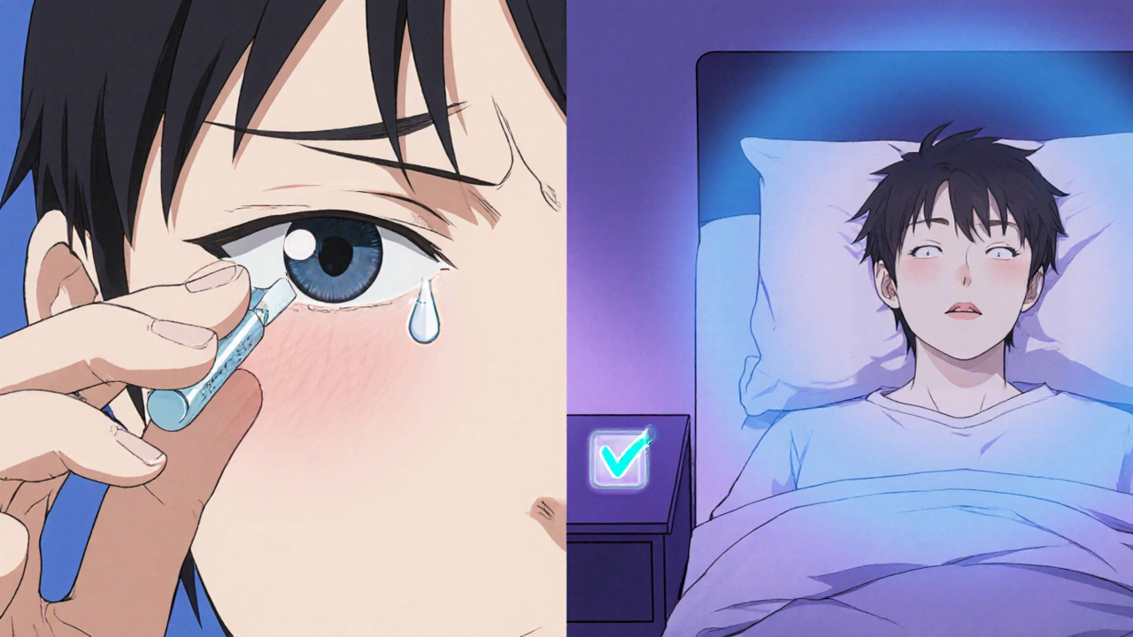 Transición de molestia ocular a descanso tranquilo, con aura azul que simboliza reducción de presión.