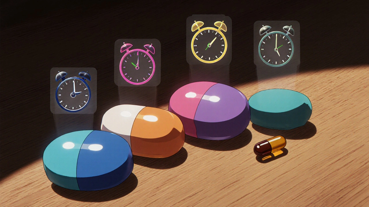 Varias píldoras de diferentes medicamentos alineadas con relojes translúcidos que indican inicio y duración.