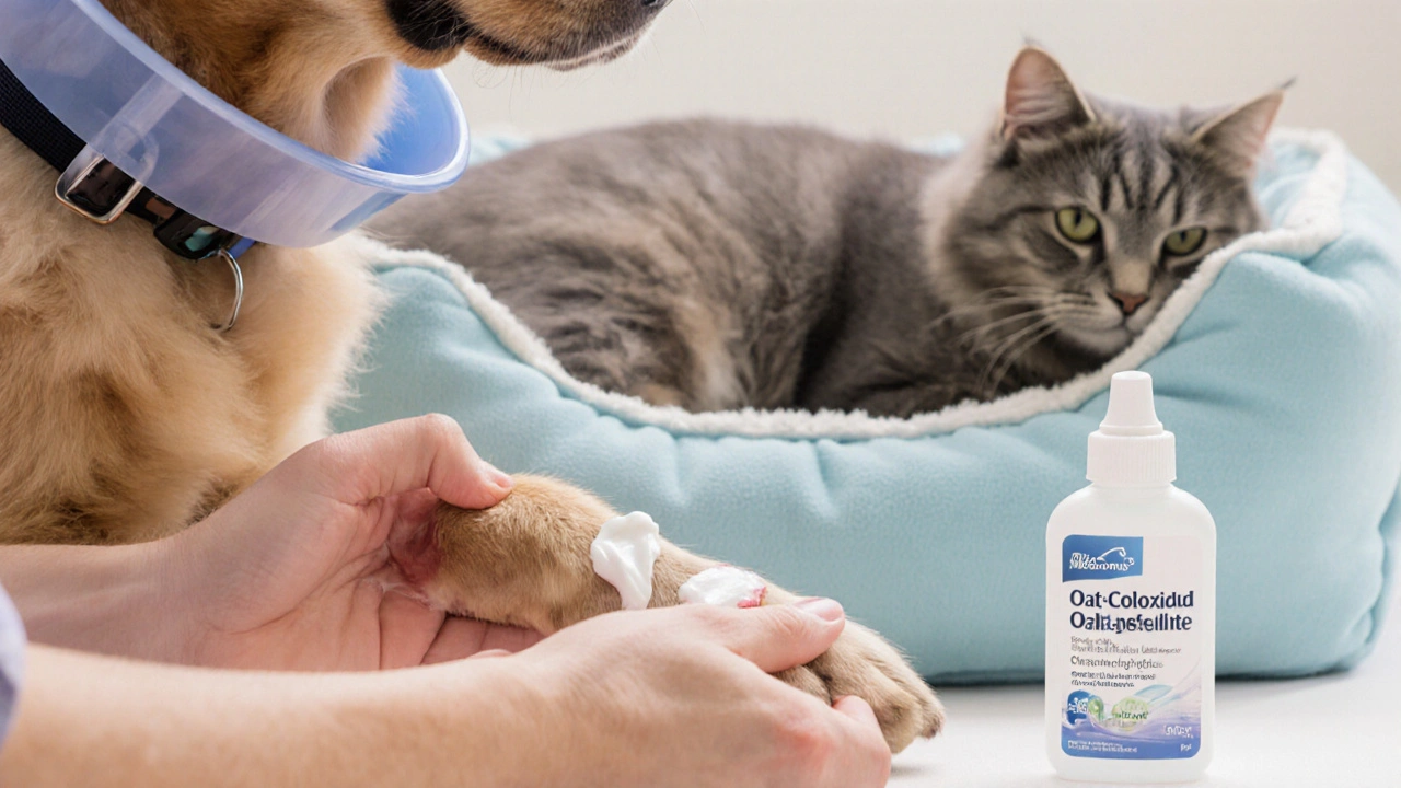 Veterinario aplicando crema medicinal a la pata de un perro con collar, gato descansando cerca.