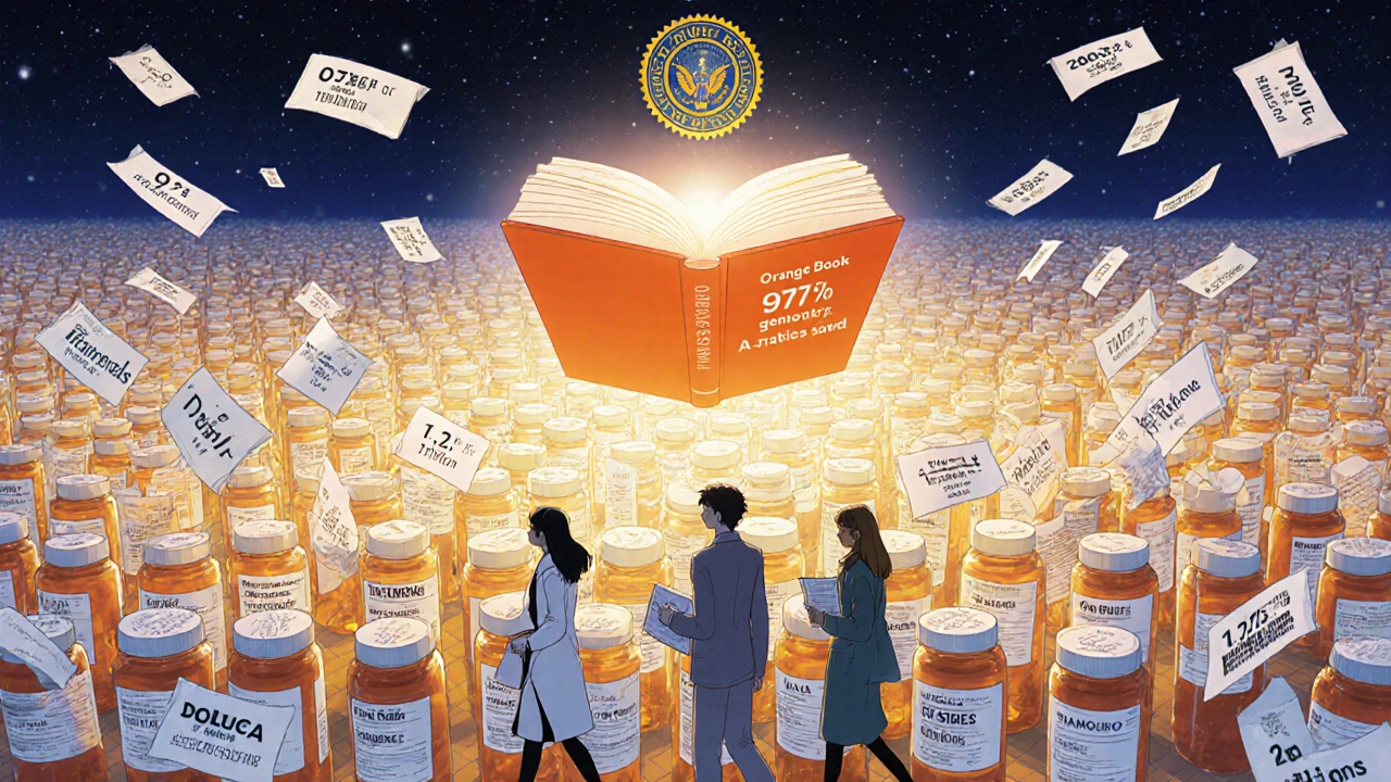 Biblioteca de pastillas genéricas iluminadas en el cielo nocturno, con el libro Orange Book y pacientes caminando abajo.