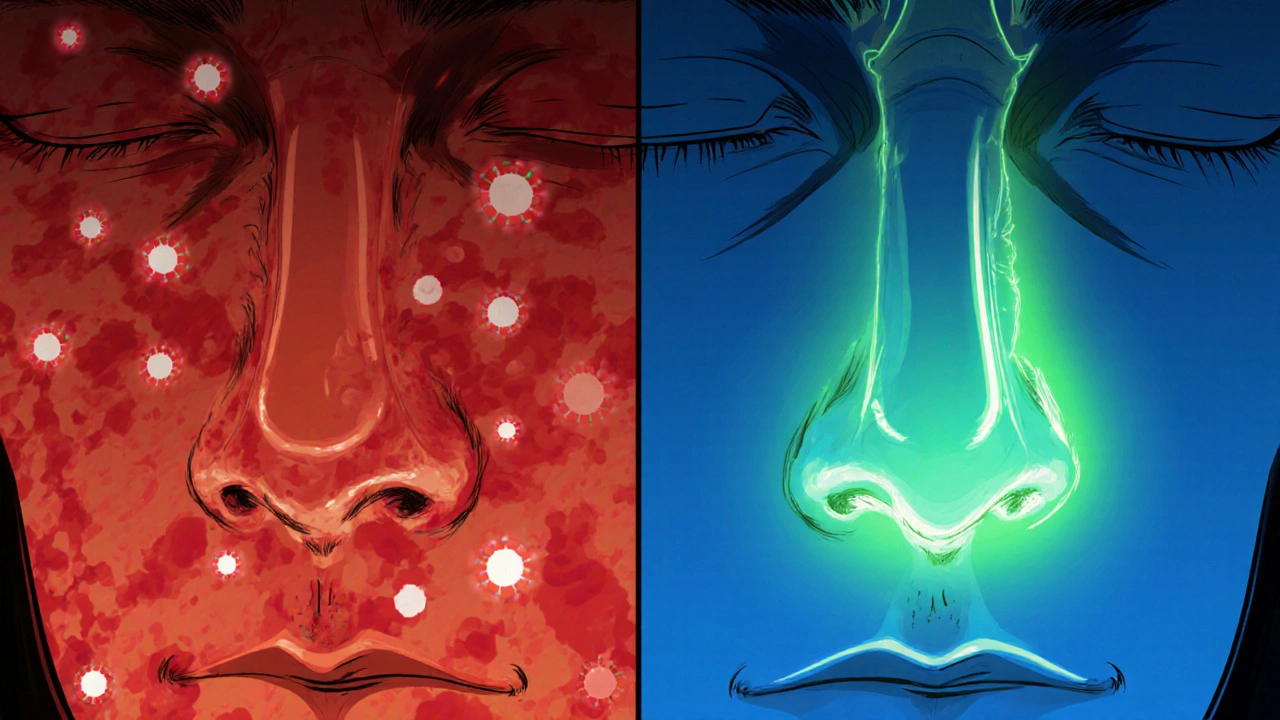 Comparación anatómica de vías nasales inflamadas vs. tratadas con corticosteroide.