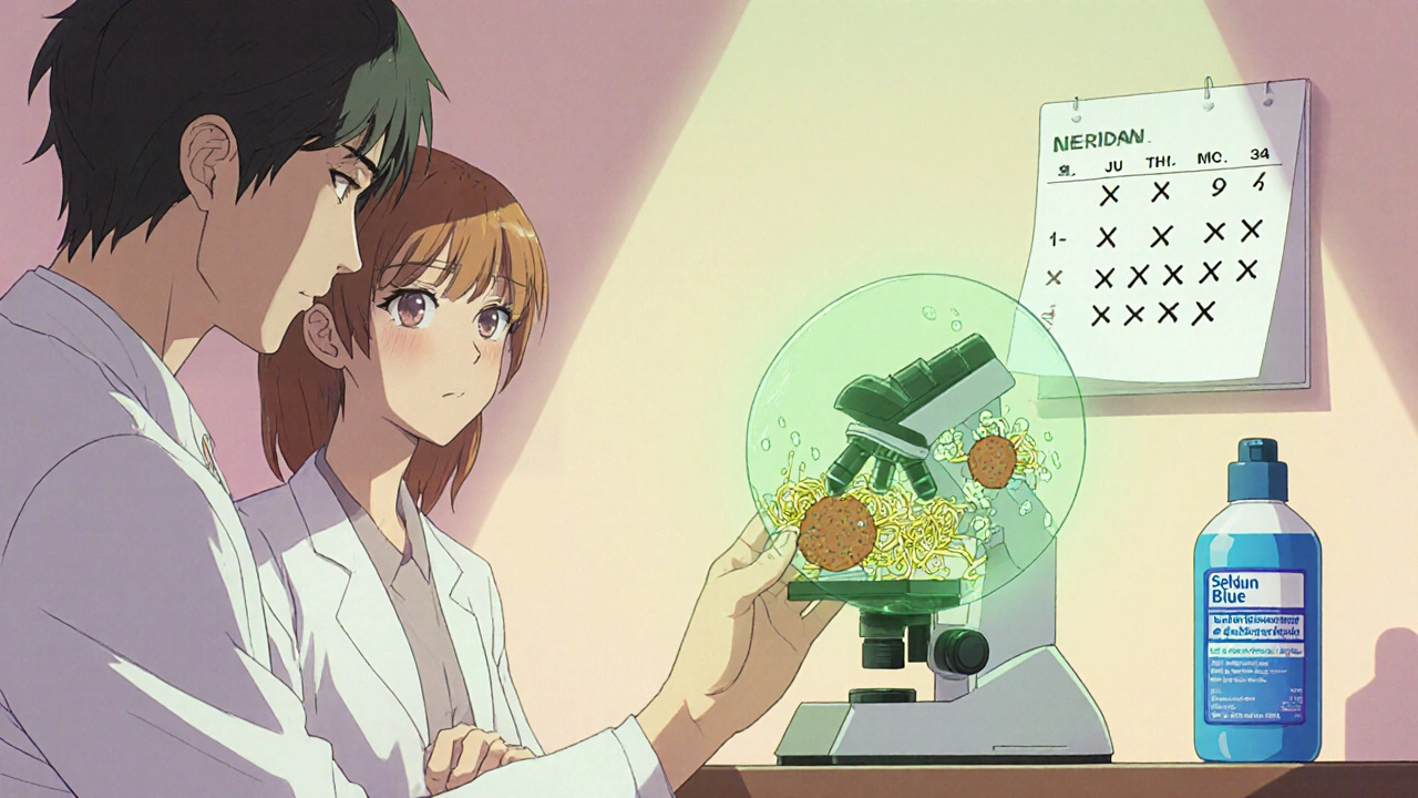 Dermatólogo muestra esporas de levadura bajo el microscopio mientras paciente observa con preocupación.