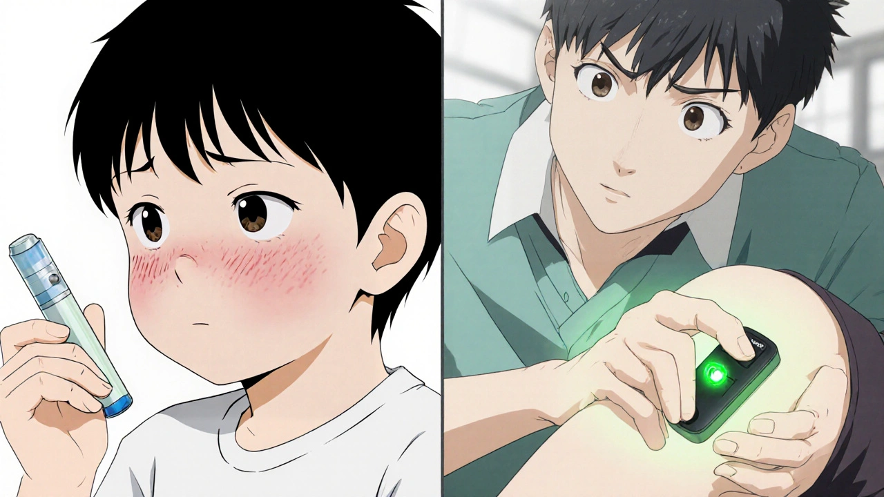 Doble escena: padre dudando vs. padre actuando con autoinyector, rostro del niño mostrando reacción alérgica.