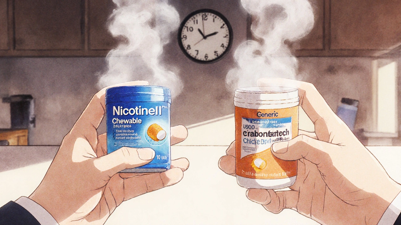 Dos chicles de nicotina, uno de marca y otro genérico, sobre una encimera con reloj de 10:00.