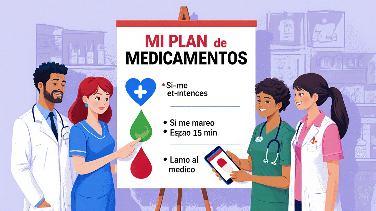 Equipo de salud revisando un plan visual de medicamentos con el paciente.