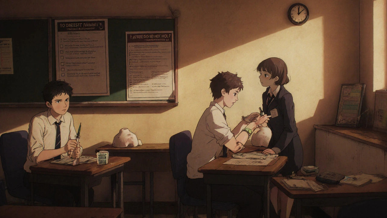 Estudiantes practicando con inyectores de entrenamiento en clase, con carteles educativos y reloj al fondo.