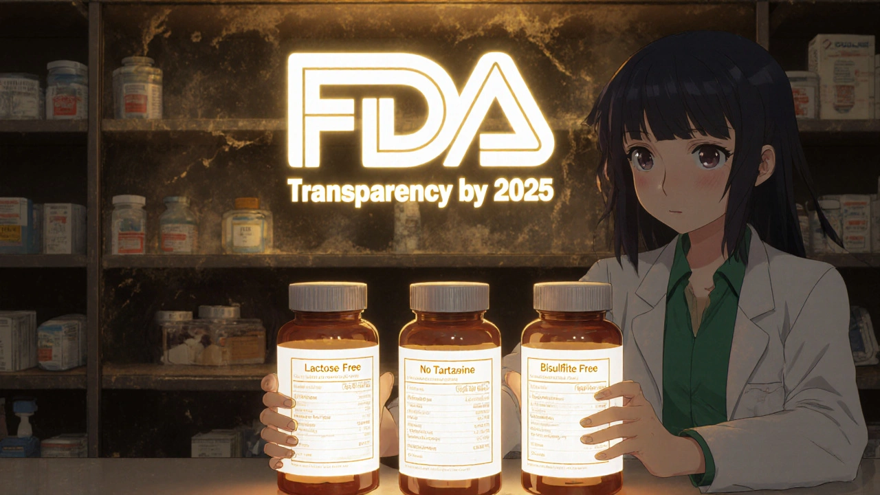 Farmacéutico mostrando tres botellas de medicamentos con etiquetas de ingredientes seguros bajo luz dorada.