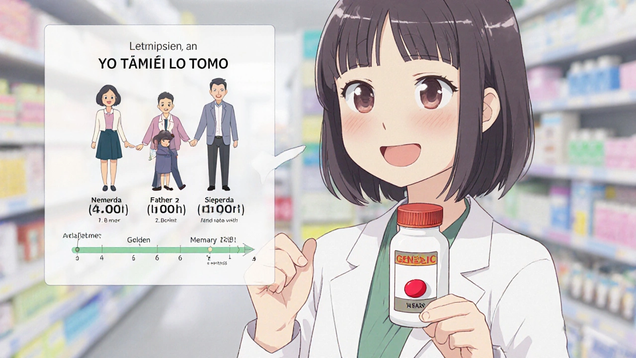 Farmacéutico muestra su propio organizador de pastillas con el mismo medicamento genérico que recomienda al paciente.