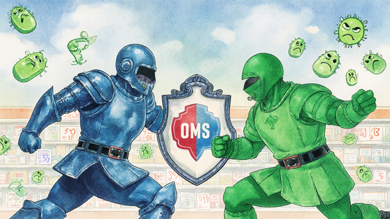 Guerreros antibióticos en batalla simbólica: roxithromicina vs amoxicilina, con etiquetas de precio y logotipos.