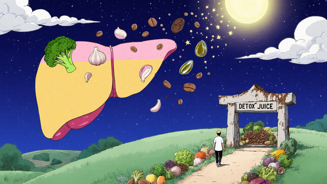 Hígado sanándose con partículas de brócoli, ajo y café, mientras una figura camina lejos de una dieta detox.