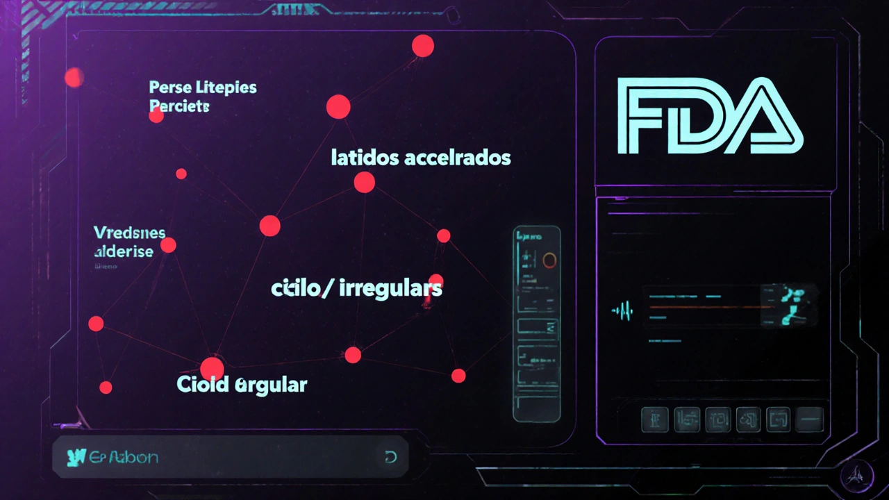 Interfaz de IA analizando redes sociales y datos médicos en tiempo real con colores neón.