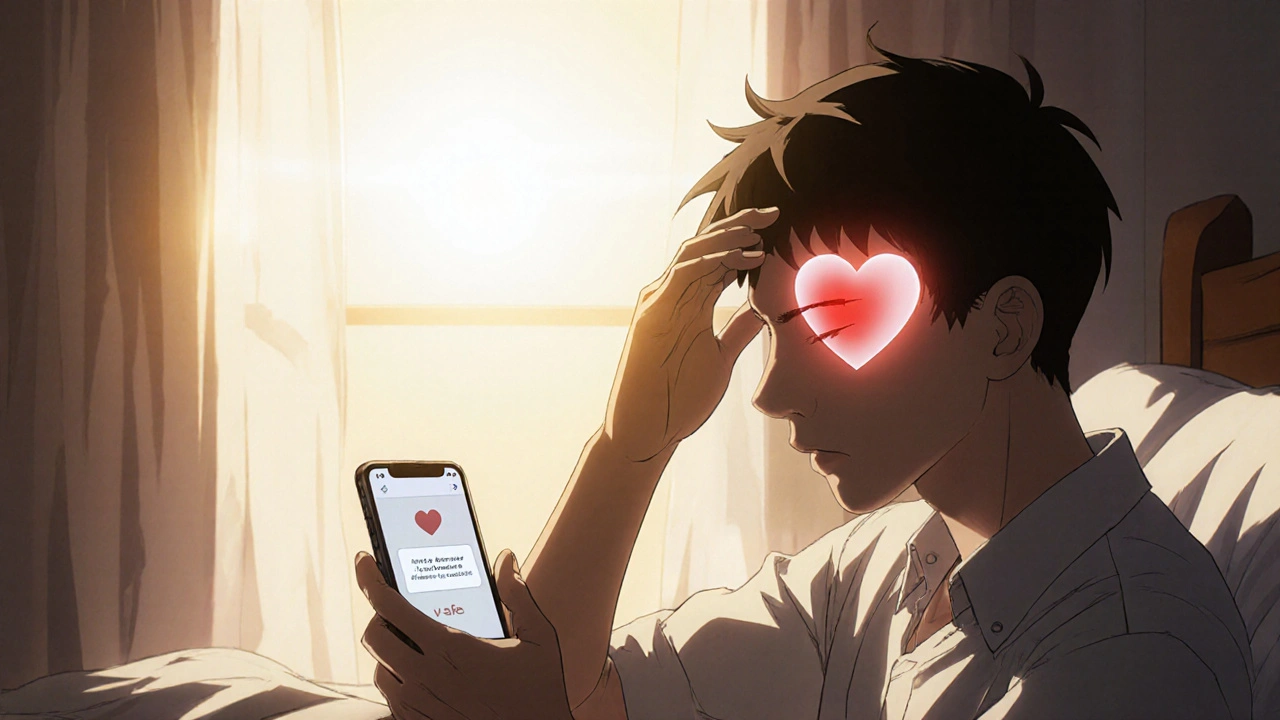 Joven con fiebre leve, luz solar entrando por la ventana, señal de notificación de salud en su teléfono.