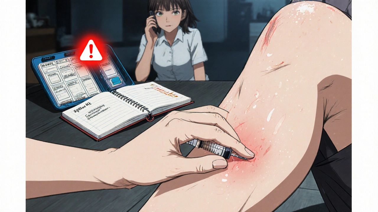 Mano inyectando epinefrina en el muslo durante una reacción alérgica, con kit abierto y notebook al lado.