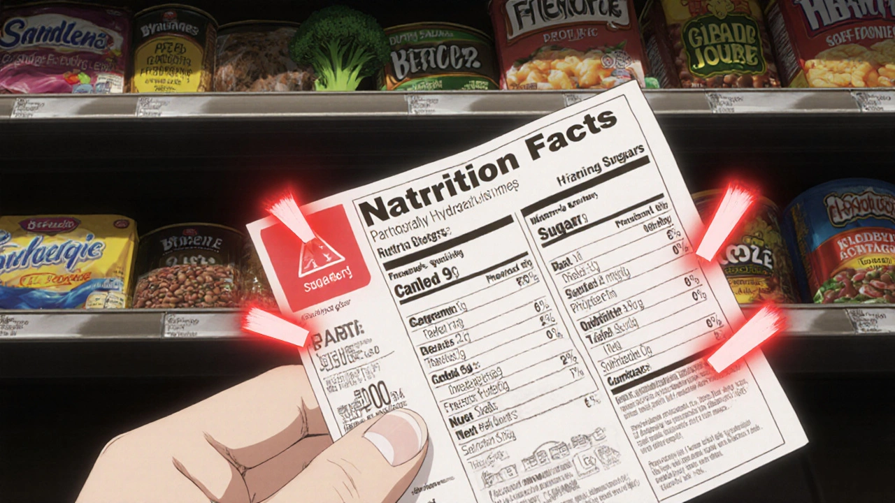 Mano leyendo etiqueta de alimento mientras símbolos de azúcar oculta y grasas trans brillan en rojo.