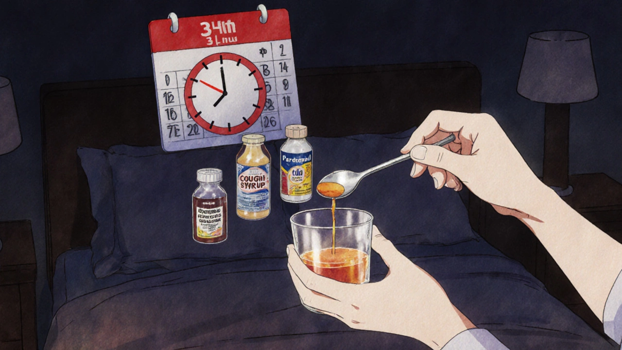 Mano vierte jarabe de paracetamol con múltiples medicamentos superpuestos y reloj de advertencia.