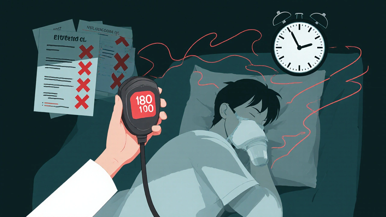 Médico con tensión arterial alta, paciente con CPAP parcialmente desconectado, reloj marca 3:00 AM.