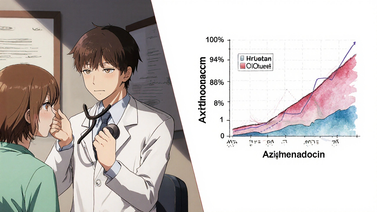 Médico examina a un paciente con faringitis, al lado una gráfica compara la eficacia de antibióticos.