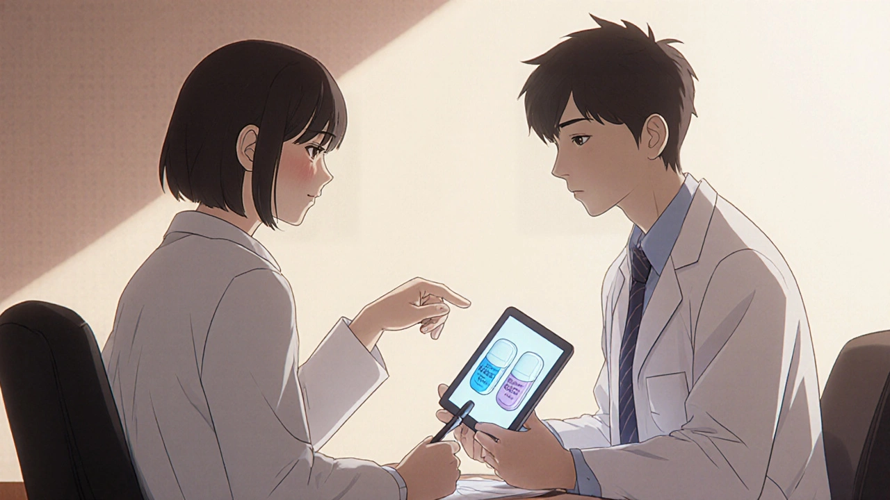 Médico explica a un paciente la equivalencia de pastillas genéricas y de marca usando una comparación visual en una tableta.